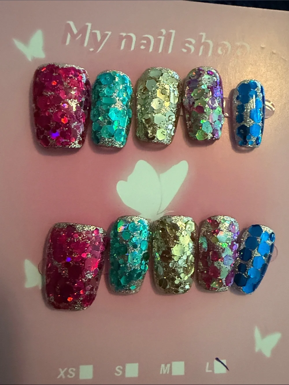 Glitter handmade acrylic Press-On Nails — Pink, Teal, Gold, Purple, Blue